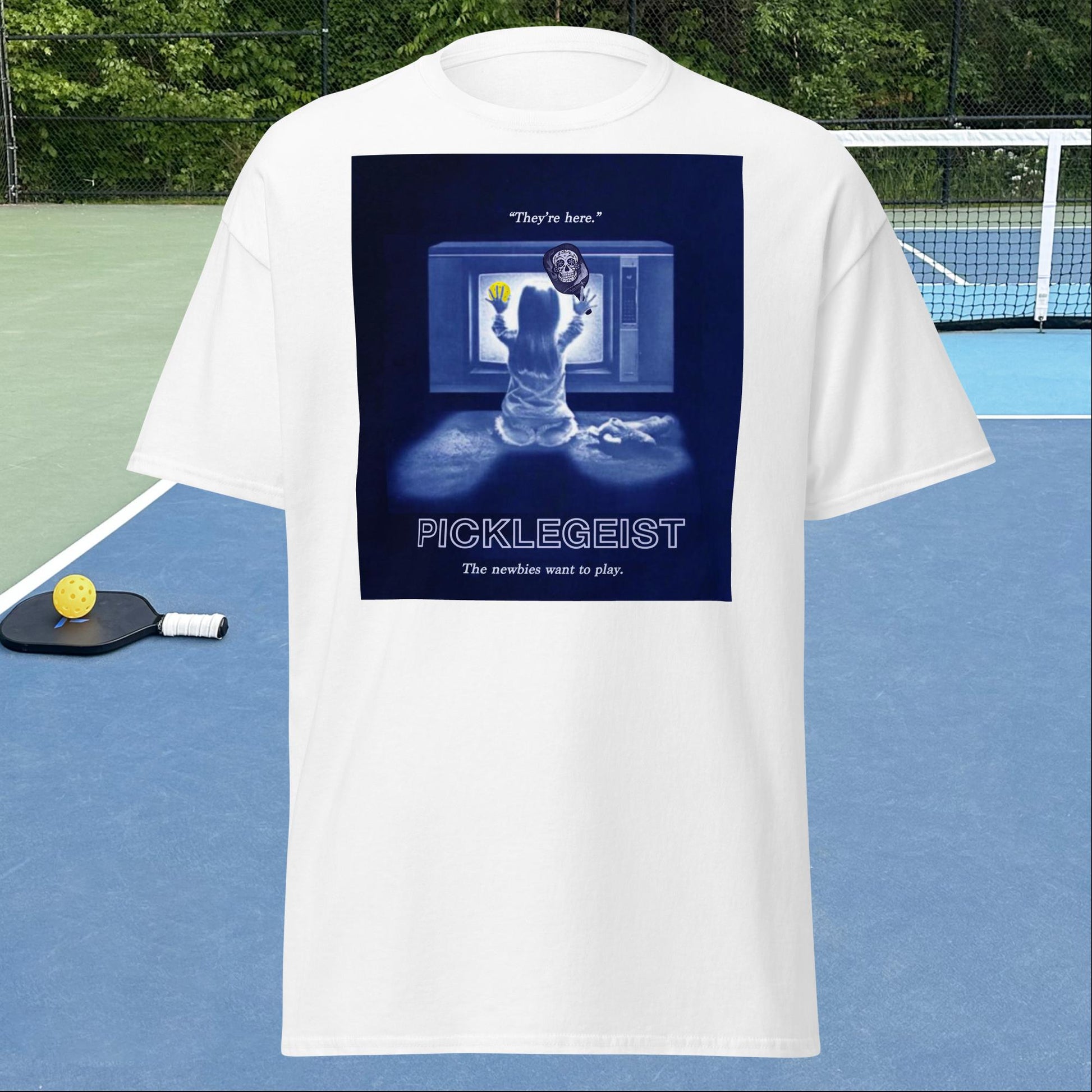 White Short-sleeve Men's Pickleball Shirt, Picklegeist graphic on front