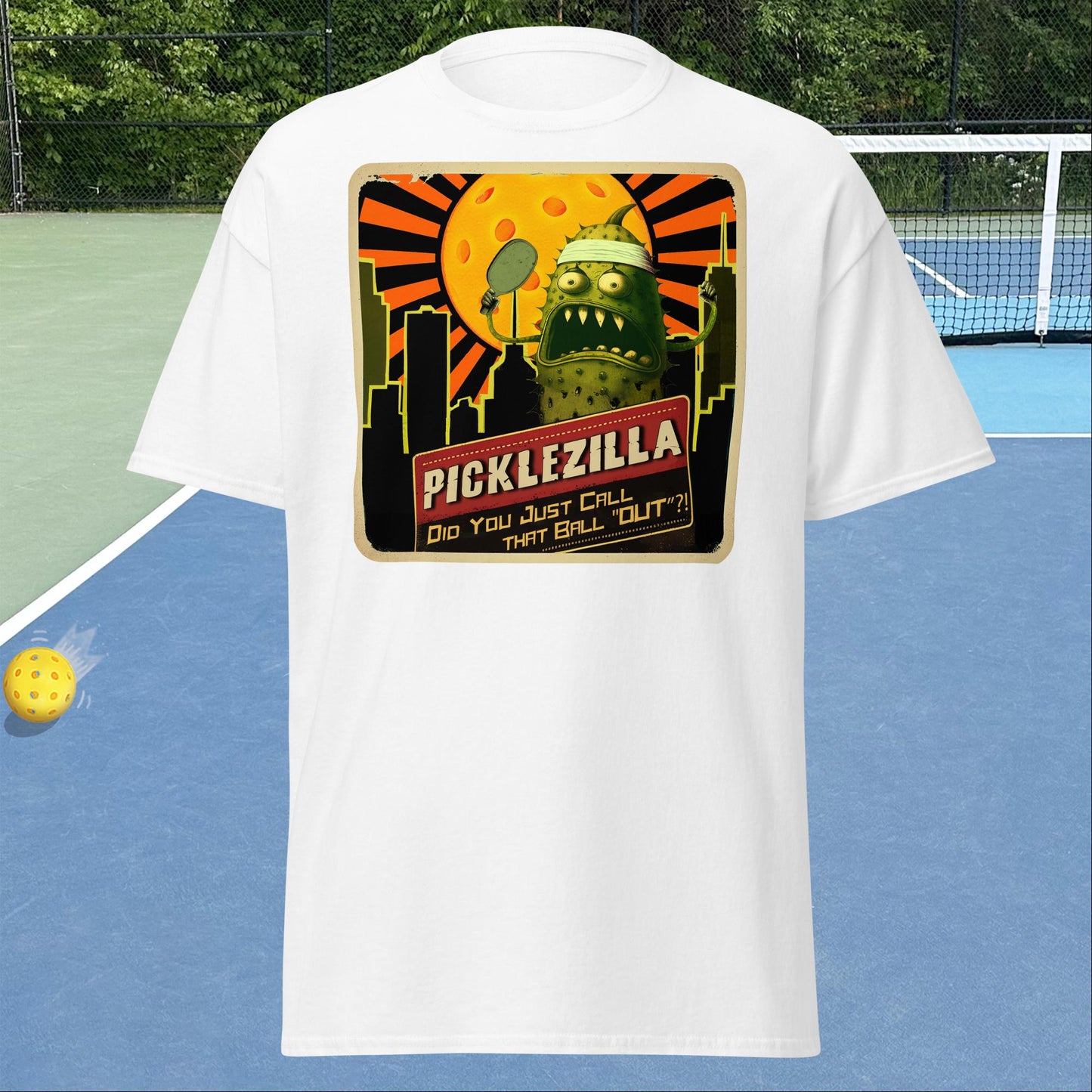 White short-sleeve Men's pickleball shirt with Picklezilla Out call graphic on front