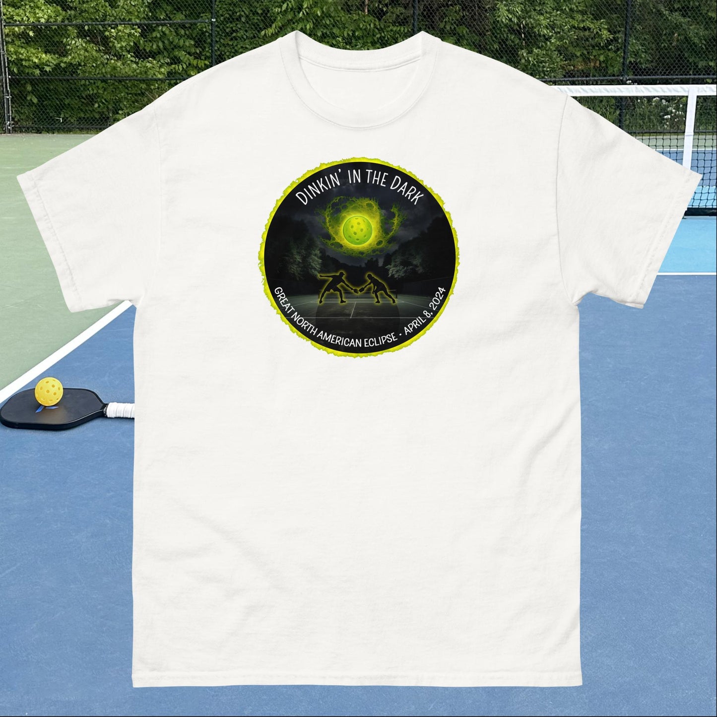 Men's Pickleball T-shirt, Dinkin' In The Dark Eclipse Design, Graphic on Front