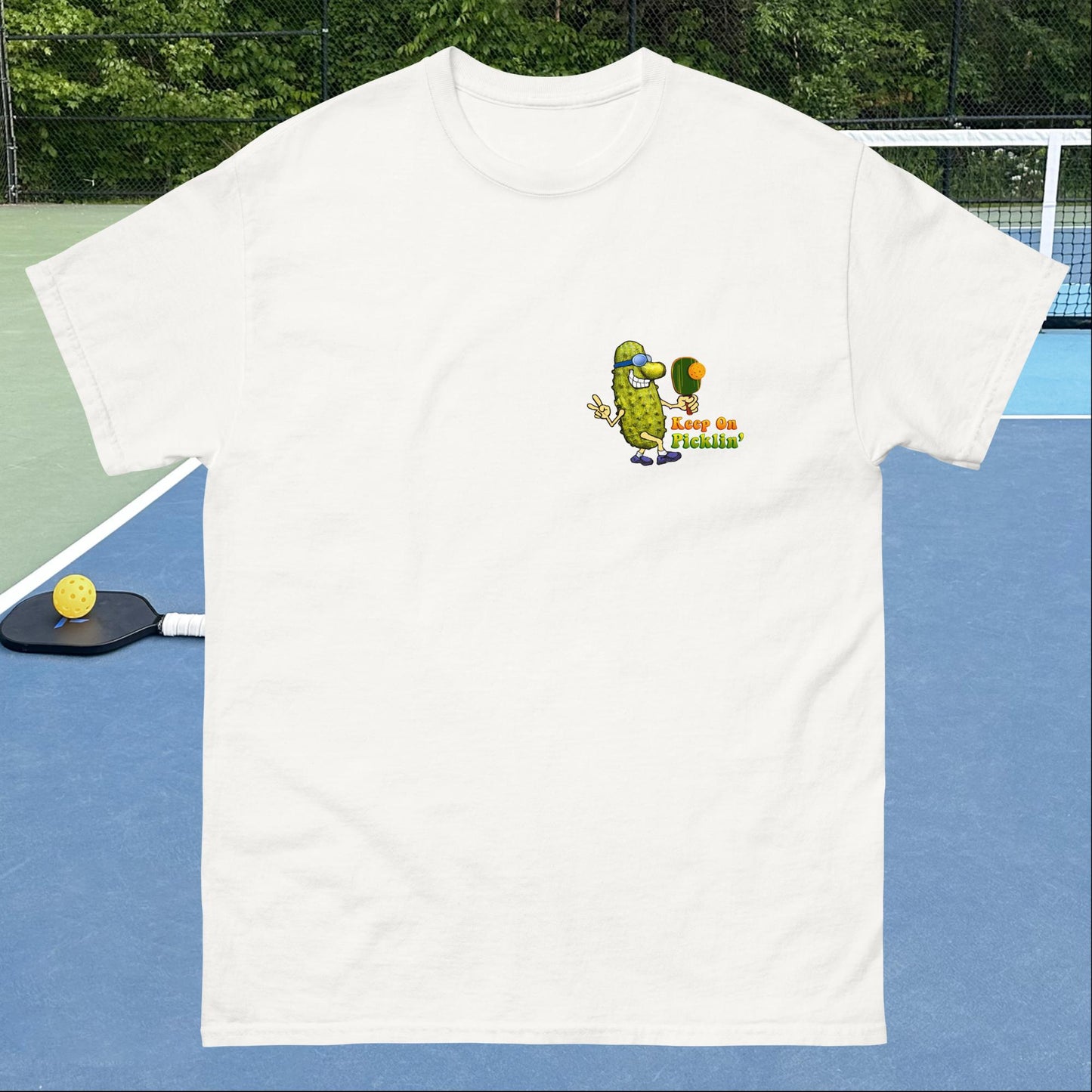 Men's Pickleball T-shirt, Keep On Picklin' Pickledude, Left Chest Graphic, Short-sleeve