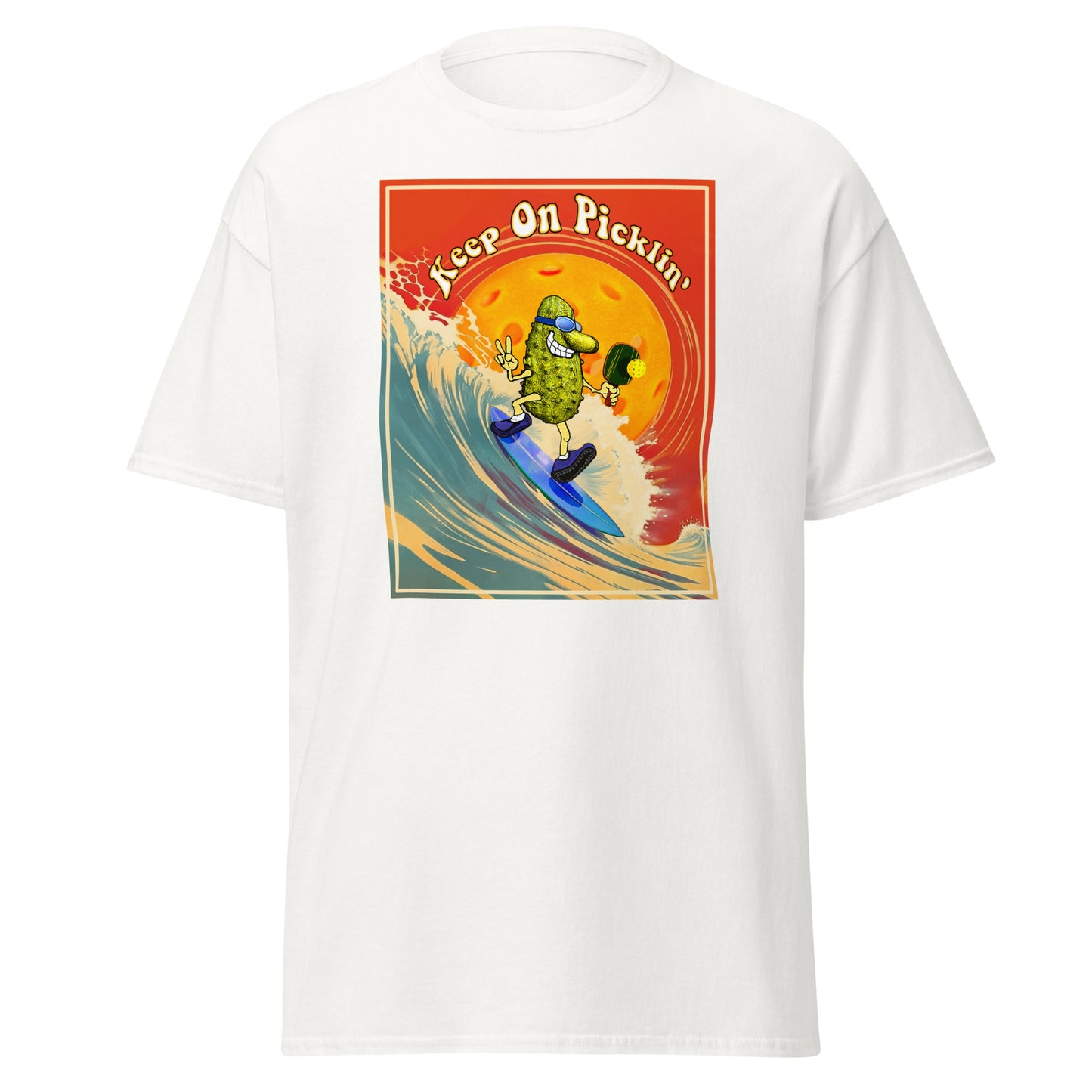 Men's Pickleball T-shirt, Keep On Picklin' Surfer, Front Center Graphic, Short-sleeve