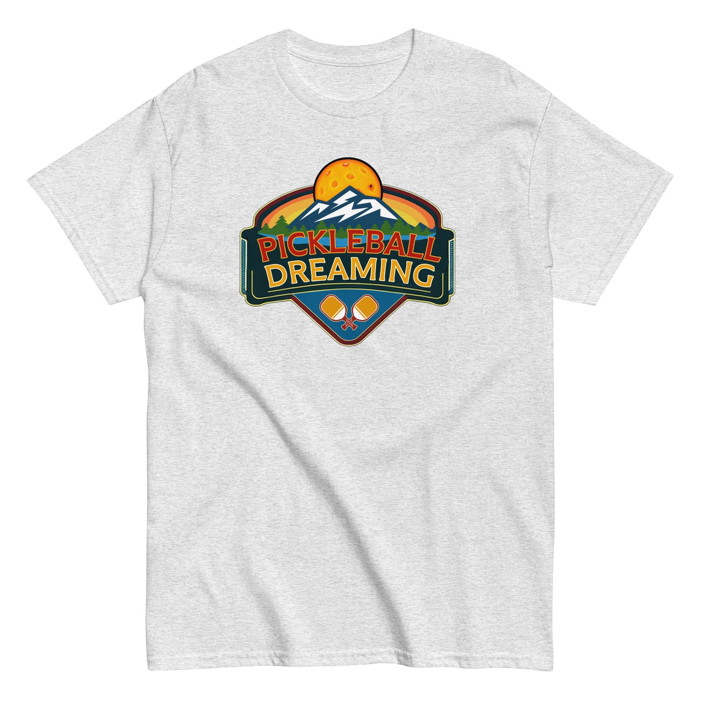 Fun Pickleball Shirt, Pickleball Dreaming Mountains, Front Center Graphic