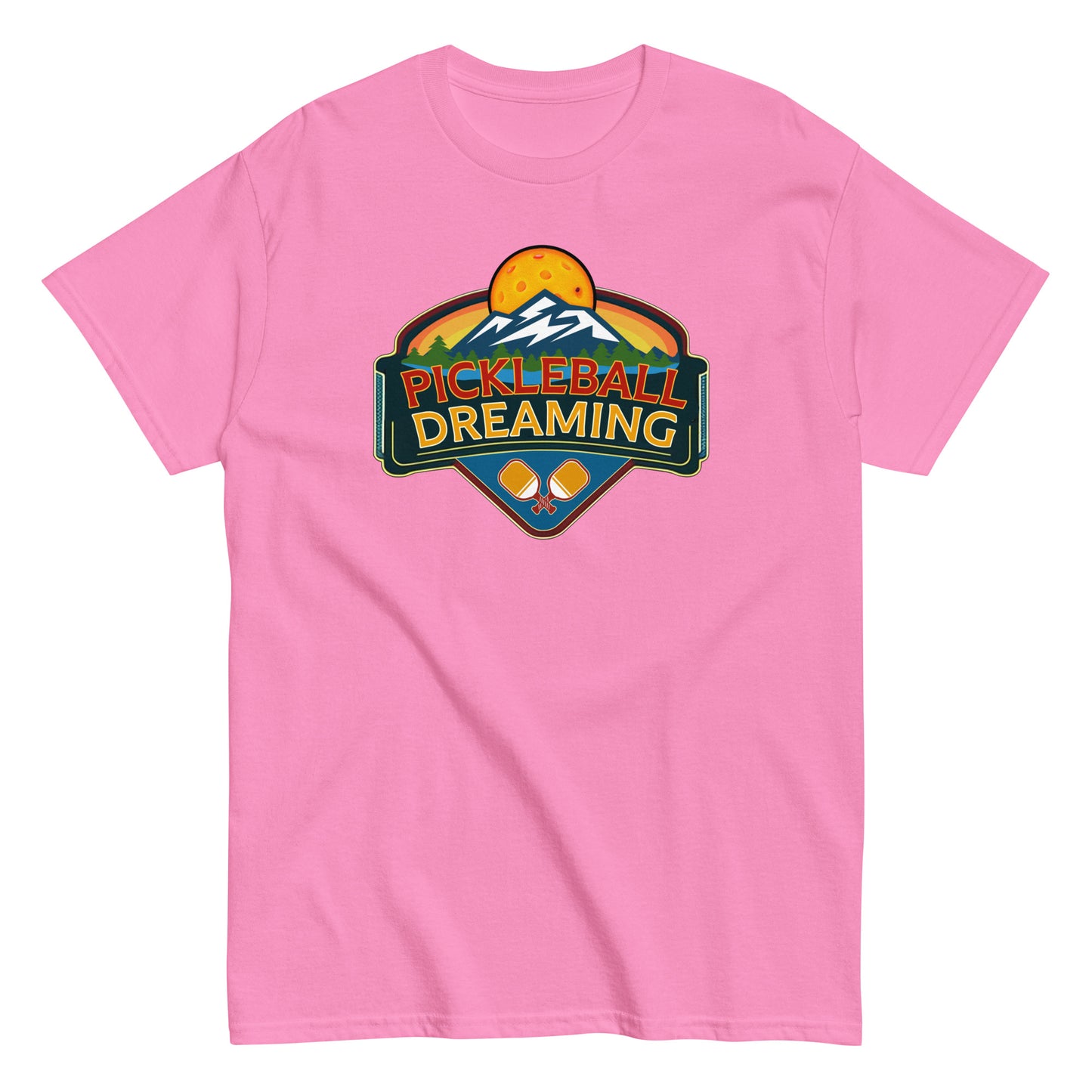 Fun Pickleball Shirt, Pickleball Dreaming Mountains, Front Center Graphic