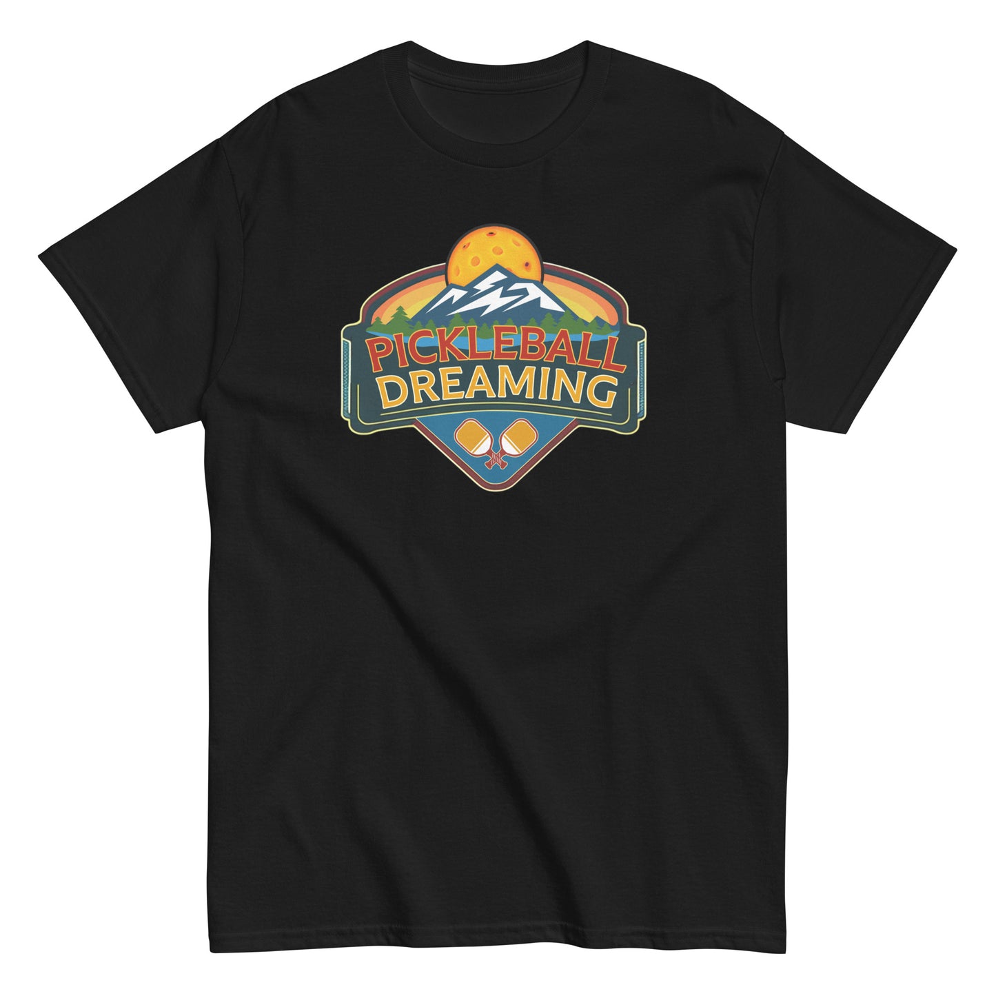 Fun Pickleball Shirt, Pickleball Dreaming Mountains, Front Center Graphic