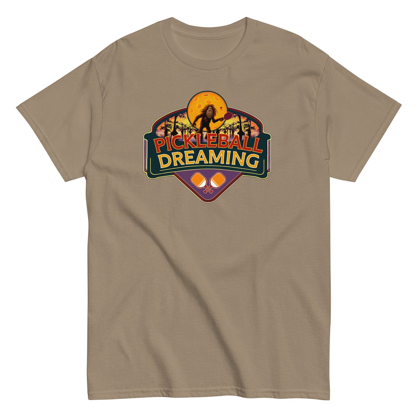 Fun Pickleball Shirt, Pickleball Dreaming Sasquatch, Front Center Graphic