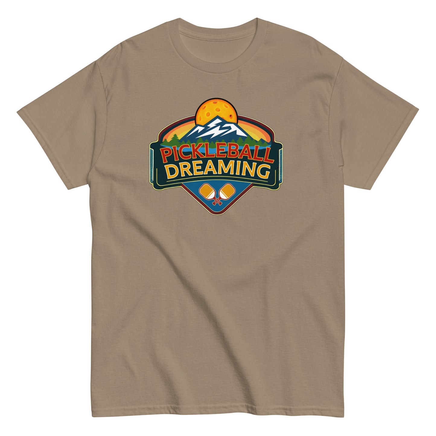 Fun Pickleball Shirt, Pickleball Dreaming Mountains, Front Center Graphic