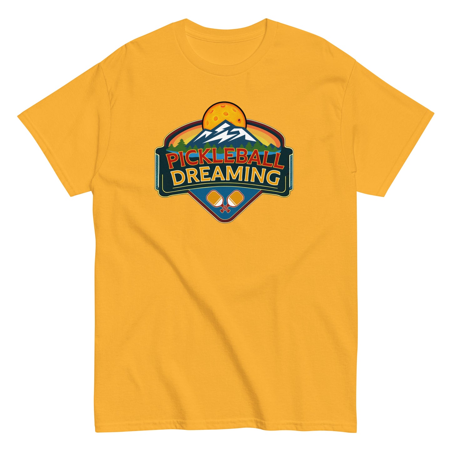 Fun Pickleball Shirt, Pickleball Dreaming Mountains, Front Center Graphic