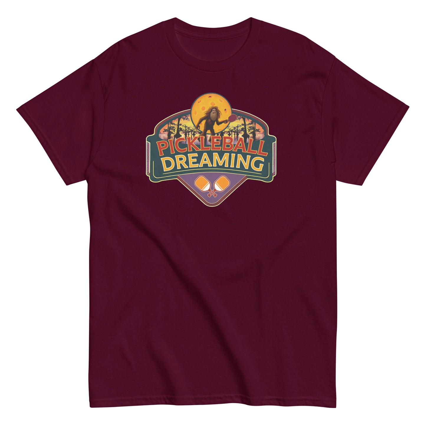 Fun Pickleball Shirt, Pickleball Dreaming Sasquatch, Front Center Graphic