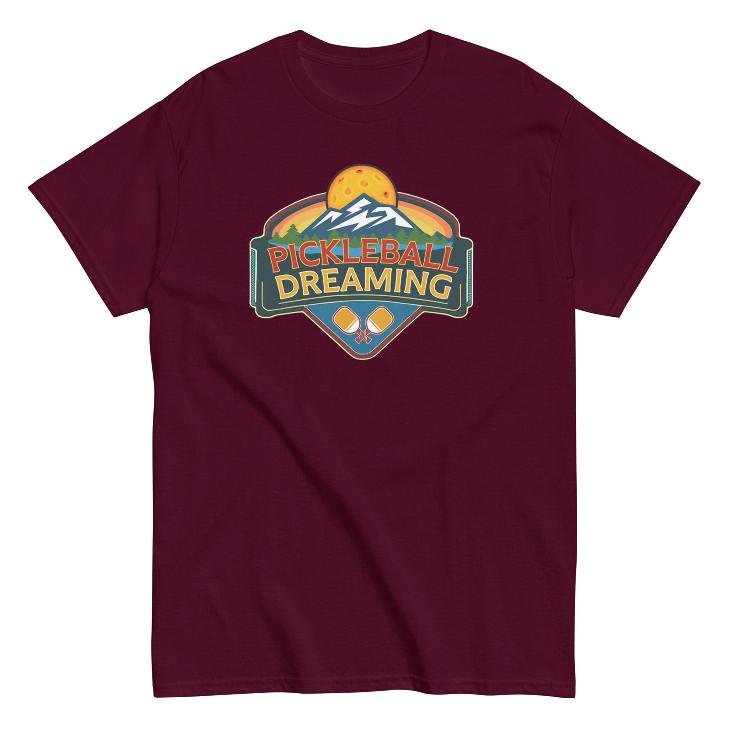 Fun Pickleball Shirt, Pickleball Dreaming Mountains, Front Center Graphic