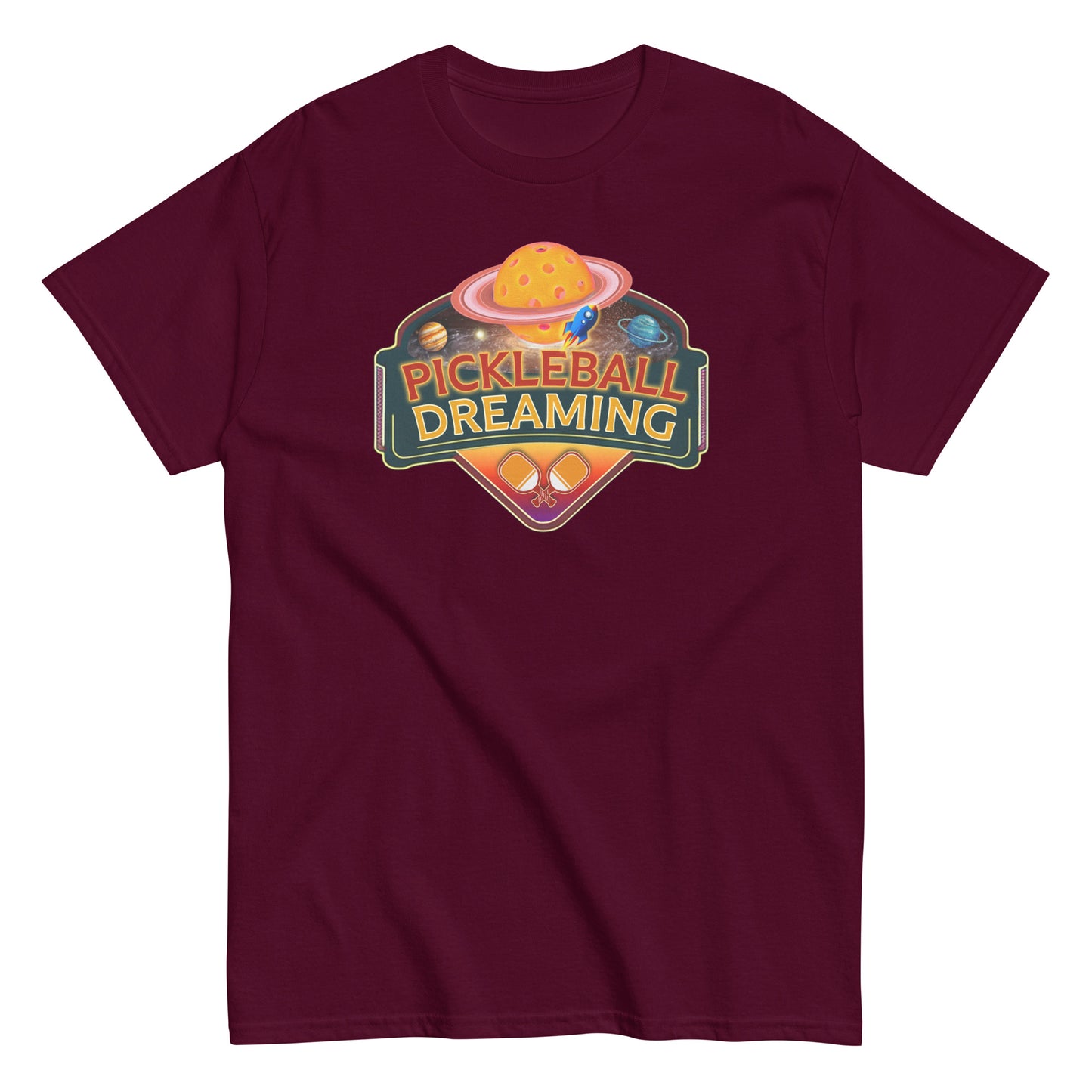 Fun Pickleball Shirt, Pickleball Dreaming Outer Space, Front Center Graphic