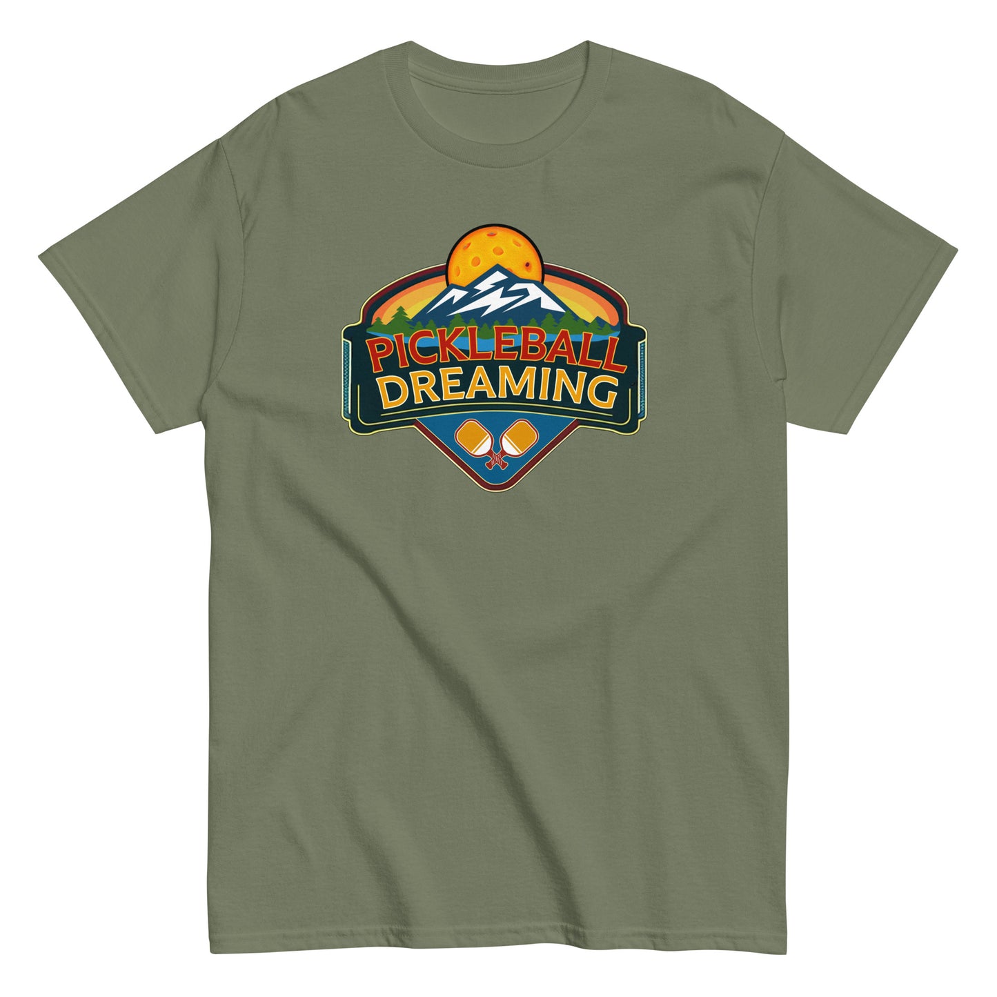 Fun Pickleball Shirt, Pickleball Dreaming Mountains, Front Center Graphic