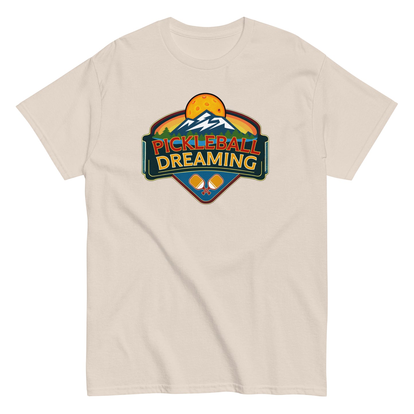 Fun Pickleball Shirt, Pickleball Dreaming Mountains, Front Center Graphic