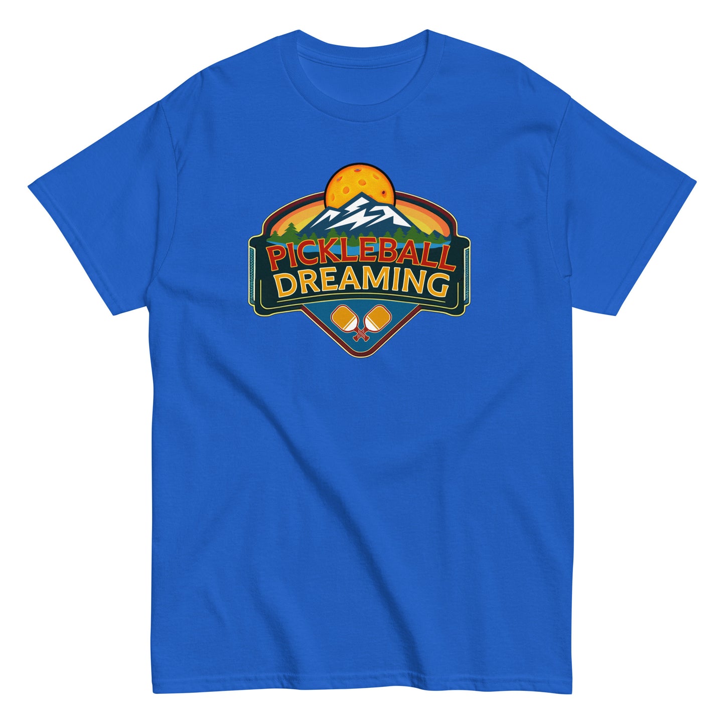 Fun Pickleball Shirt, Pickleball Dreaming Mountains, Front Center Graphic