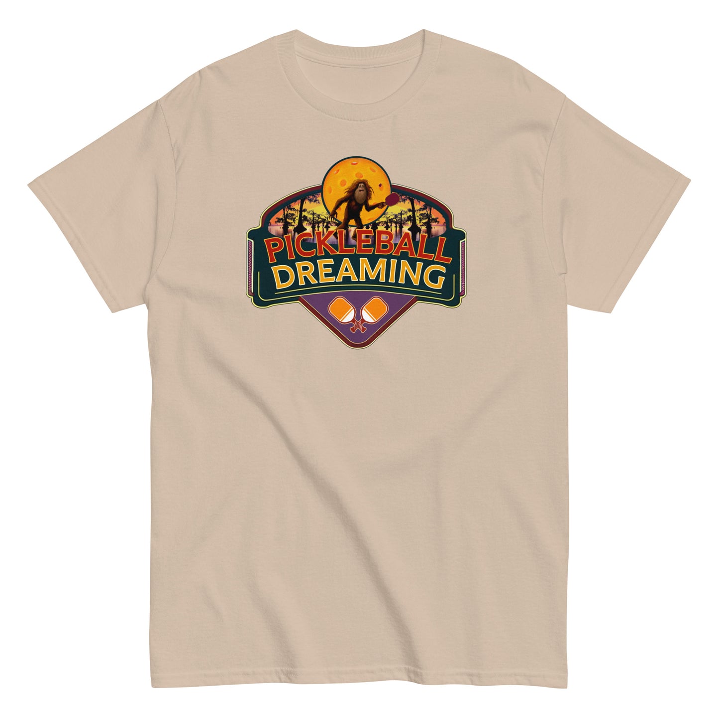 Fun Pickleball Shirt, Pickleball Dreaming Sasquatch, Front Center Graphic