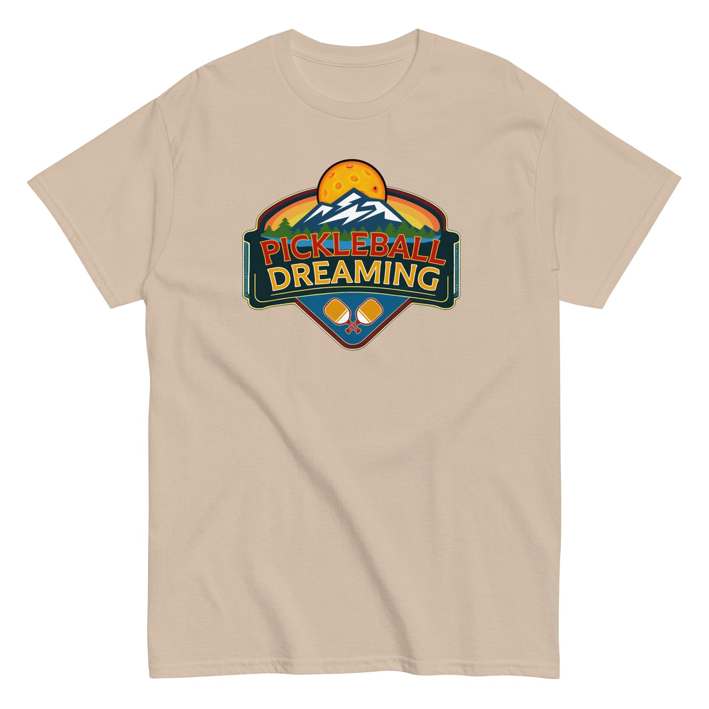 Fun Pickleball Shirt, Pickleball Dreaming Mountains, Front Center Graphic