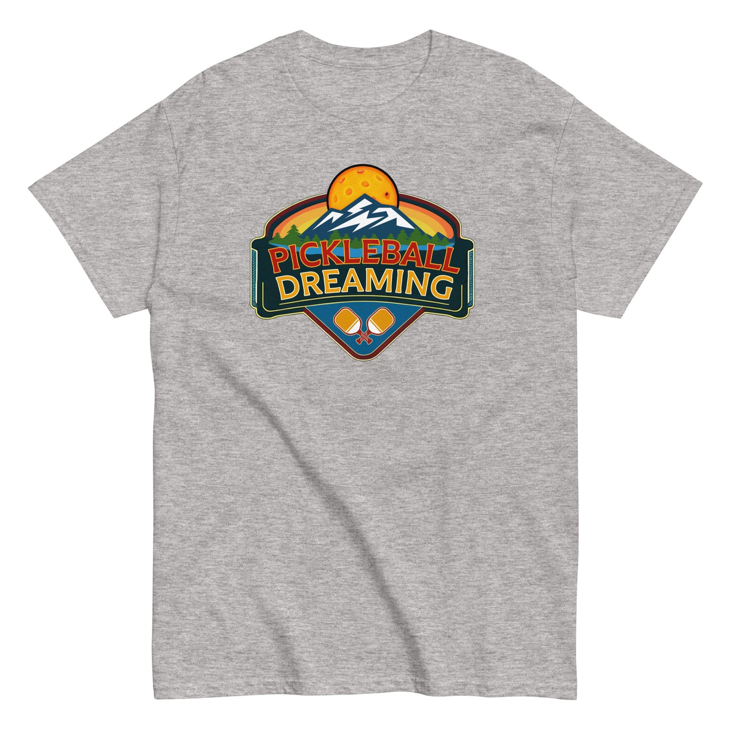 Fun Pickleball Shirt, Pickleball Dreaming Mountains, Front Center Graphic