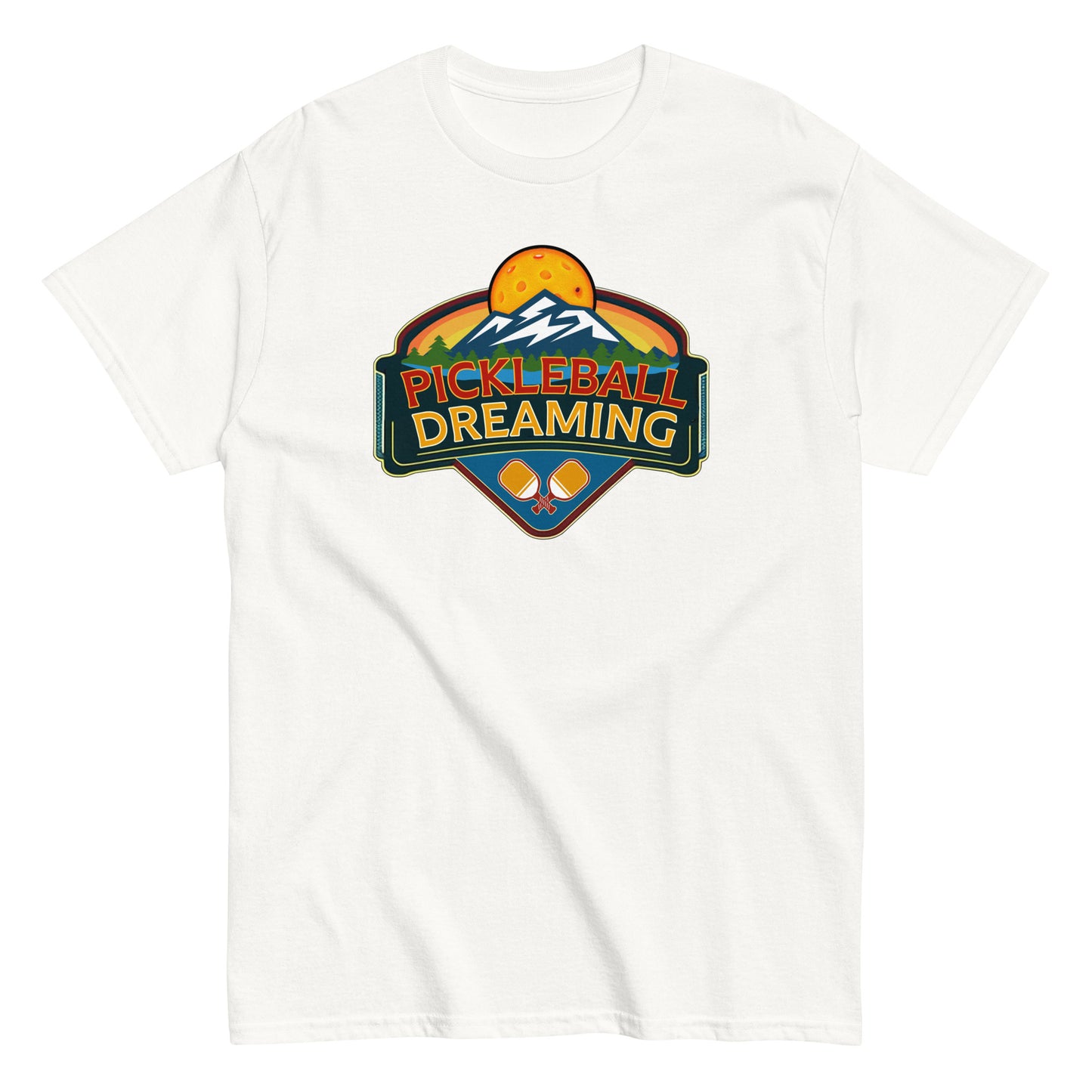 Fun Pickleball Shirt, Pickleball Dreaming Mountains, Front Center Graphic