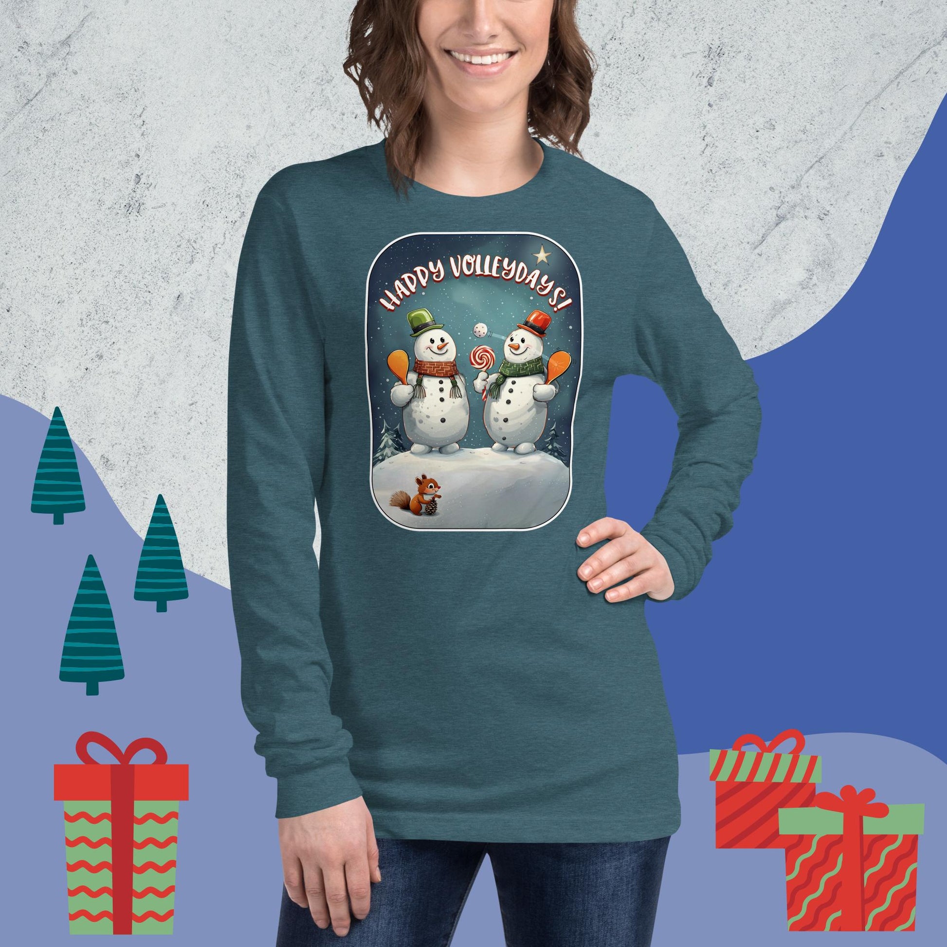 Heather Deep Teal Long-Sleeve Women's Pickleball Shirt with Happy Volleydays graphic on front