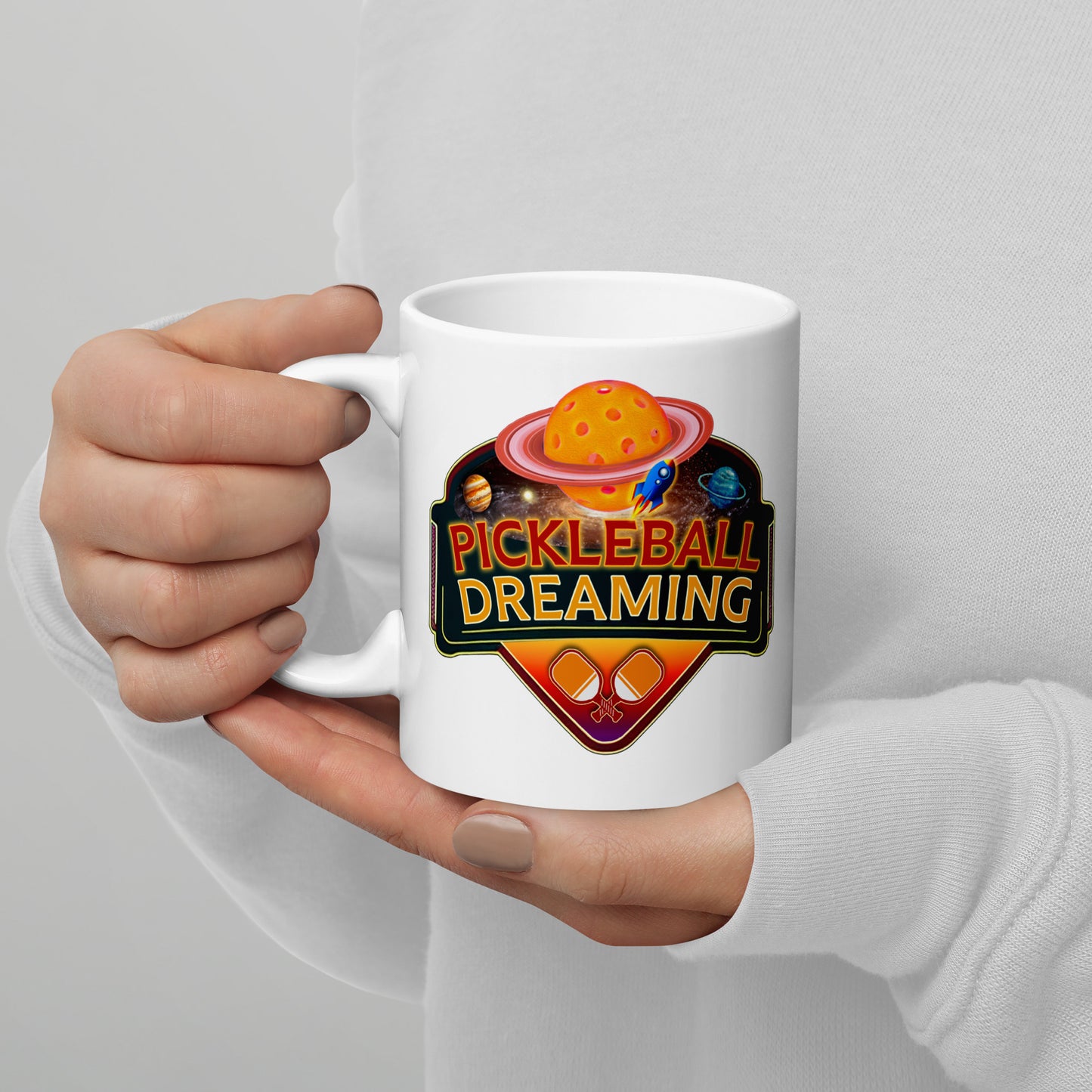 Fun Pickleball Mug, Pickleball Dreaming Outer Space, White, 11 oz or 15 oz