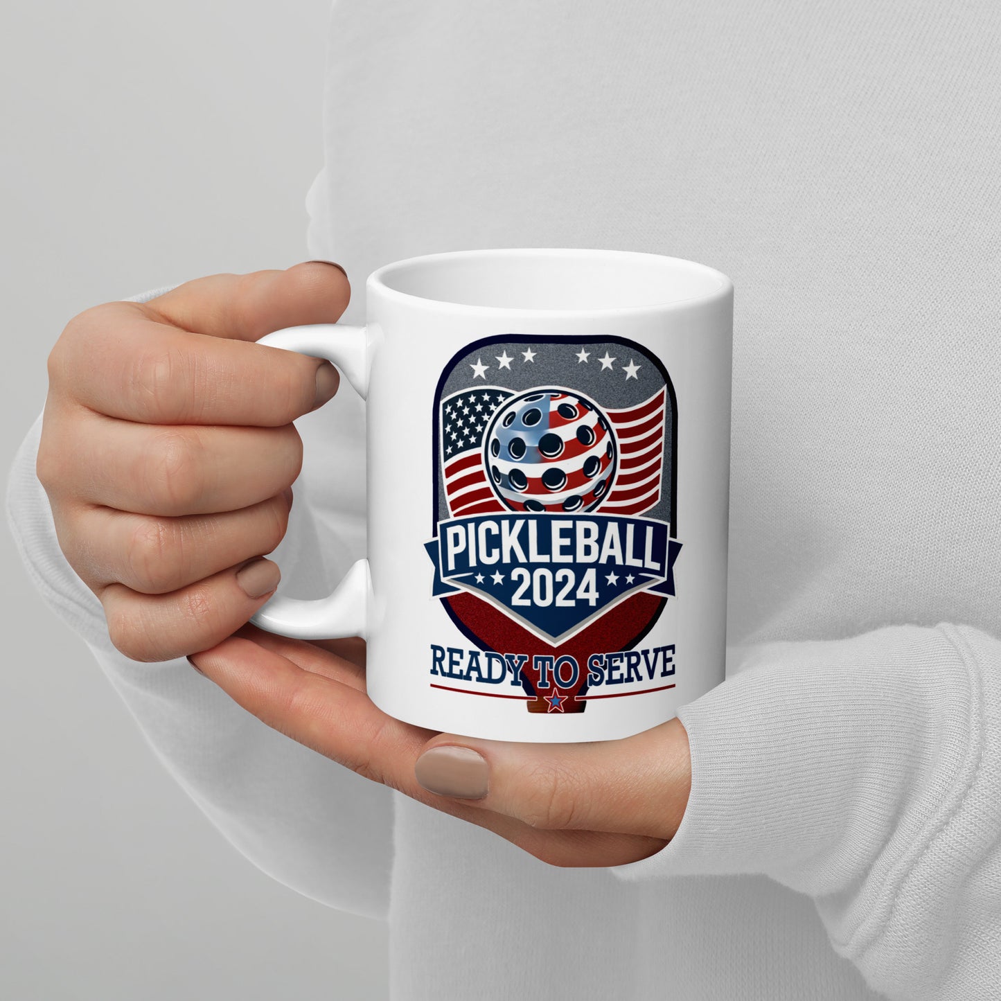 Patriotic Pickleball Mug, Pickleball 2024 Paddle Graphic, White, 11 oz or 15 oz