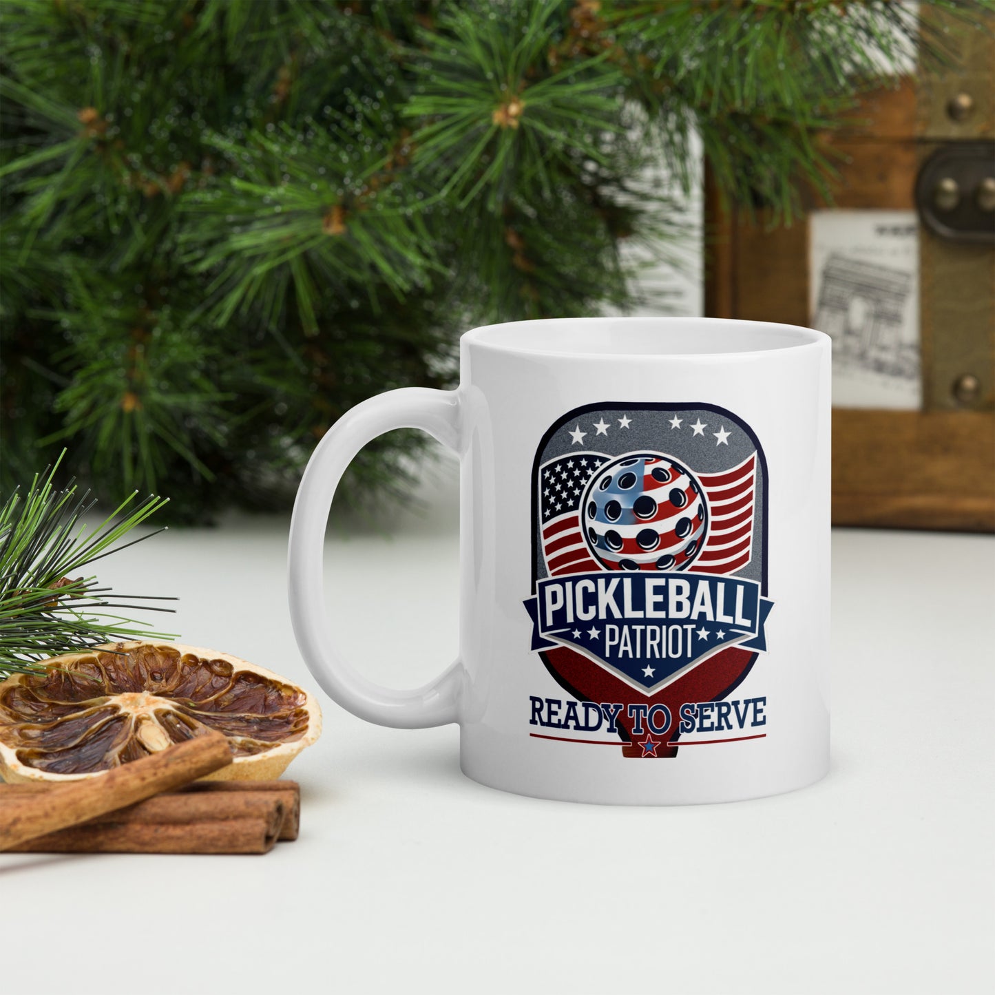 Patriotic Pickleball Mug, Pickleball Patriot Paddle Graphic, White, 11 oz or 15 oz