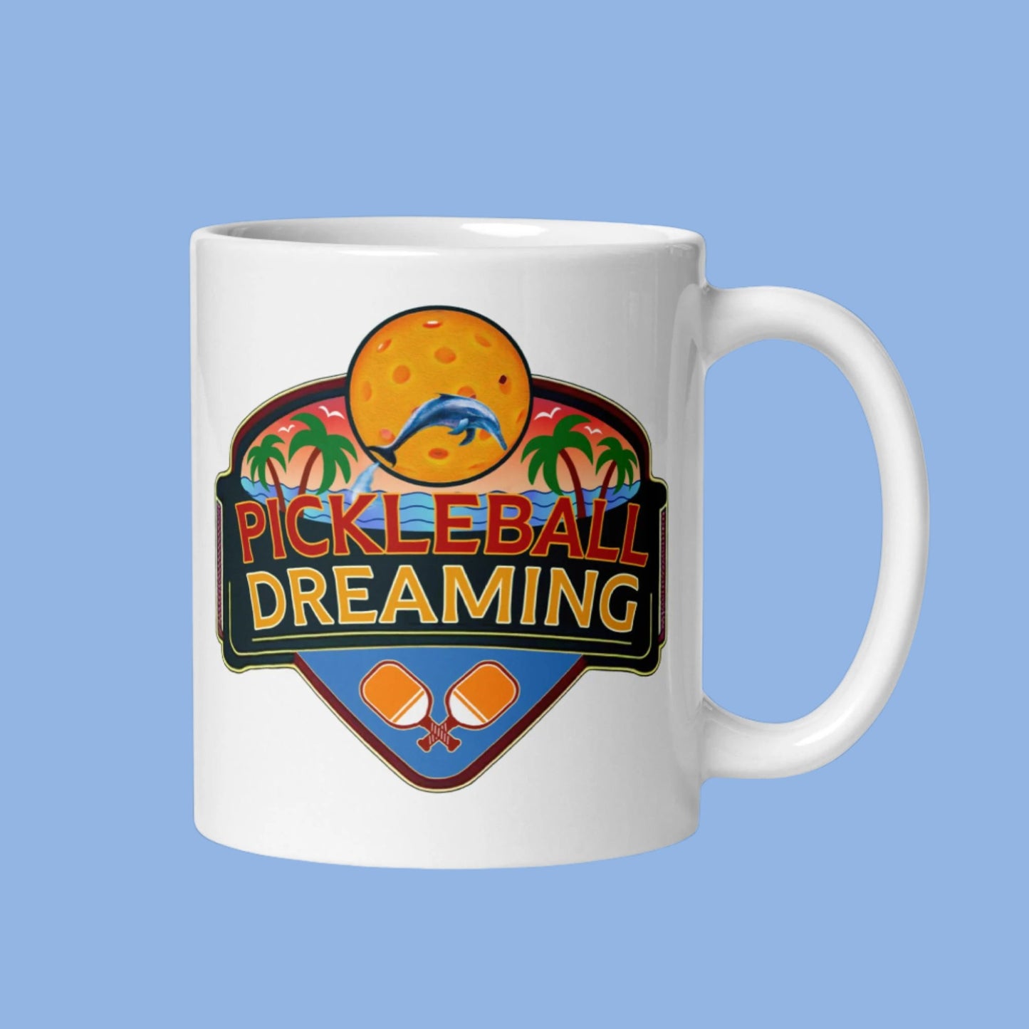 Fun Pickleball Mug, Pickleball Dreaming Tropical, White, 11 oz or 15 oz