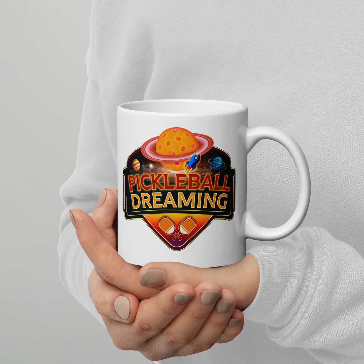 Fun Pickleball Mug, Pickleball Dreaming Outer Space, White, 11 oz or 15 oz