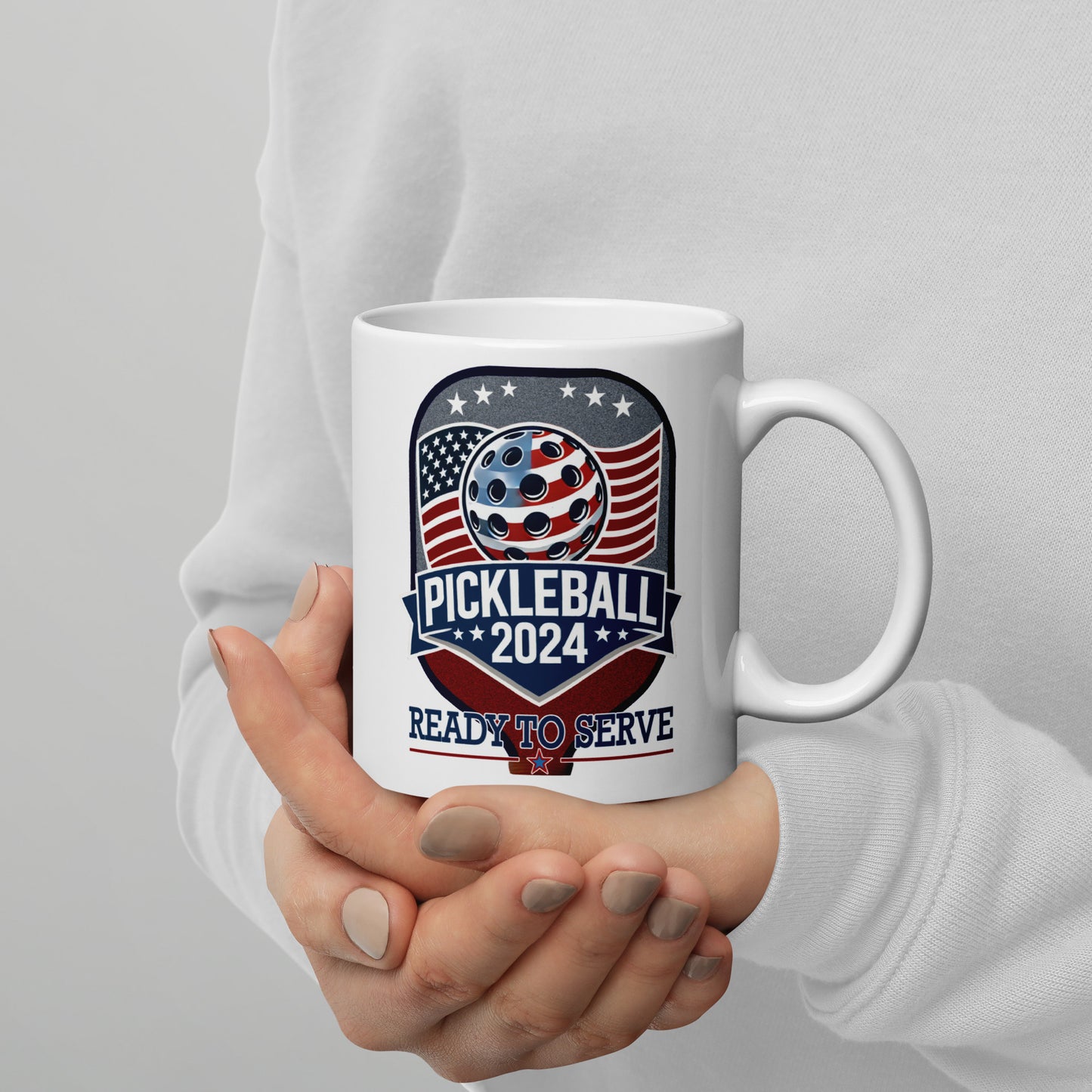 Patriotic Pickleball Mug, Pickleball 2024 Paddle Graphic, White, 11 oz or 15 oz