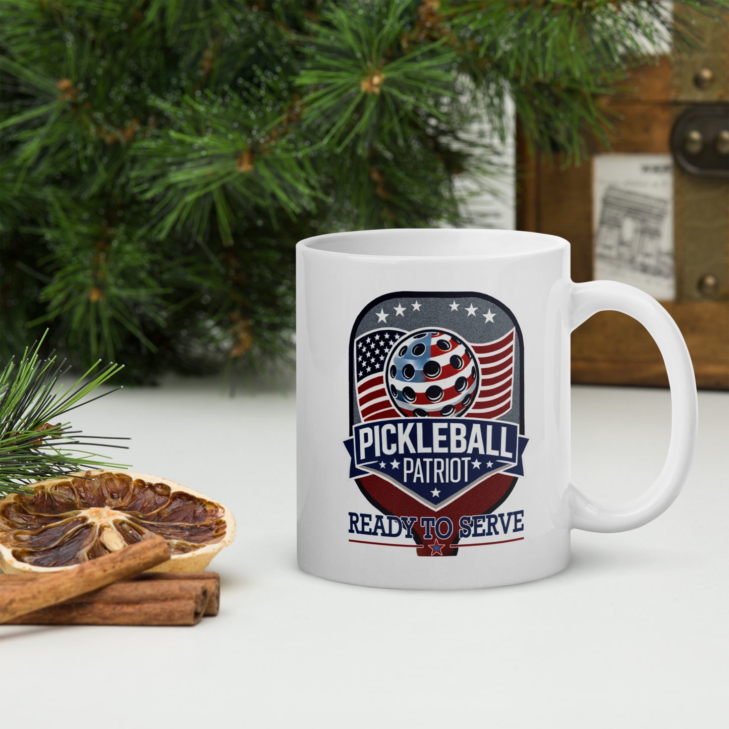 Patriotic Pickleball Mug, Pickleball Patriot Paddle Graphic, White, 11 oz or 15 oz