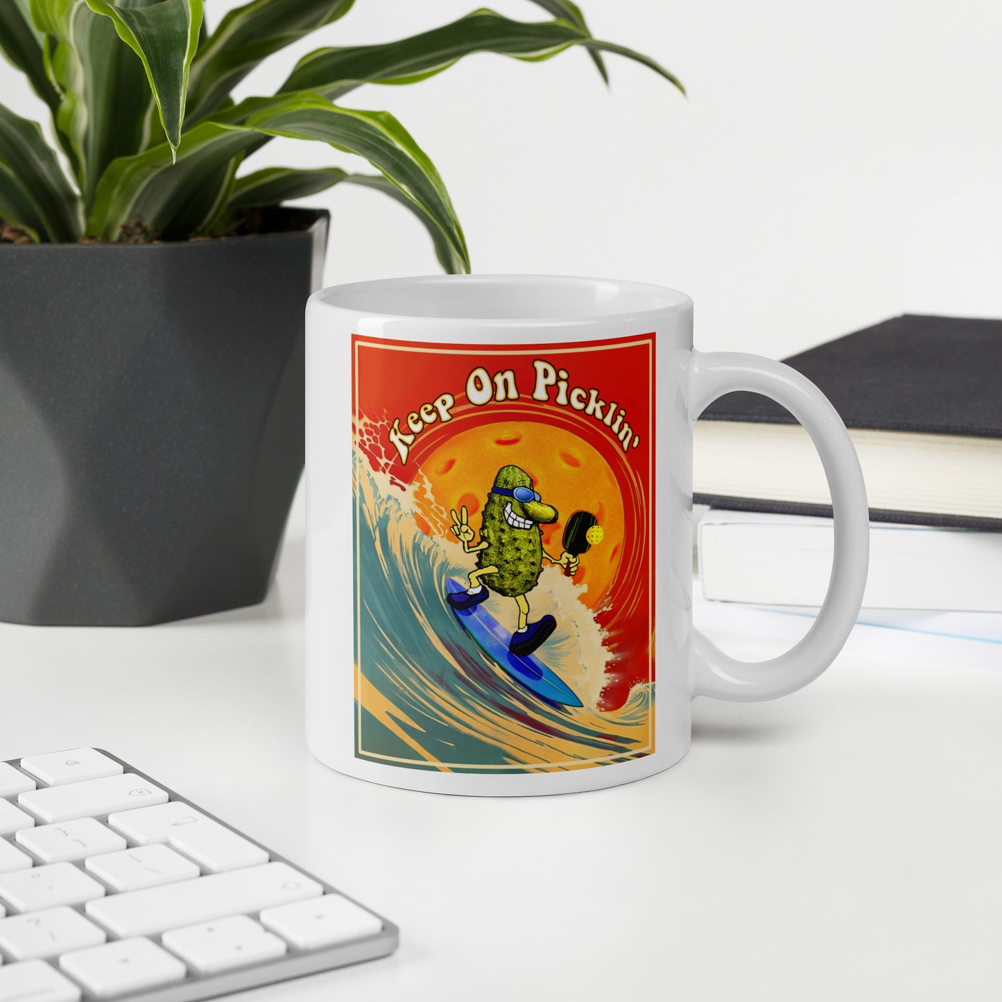 Fun Pickleball Mug, Keep On Picklin' Surfer, White, 11oz or 15oz