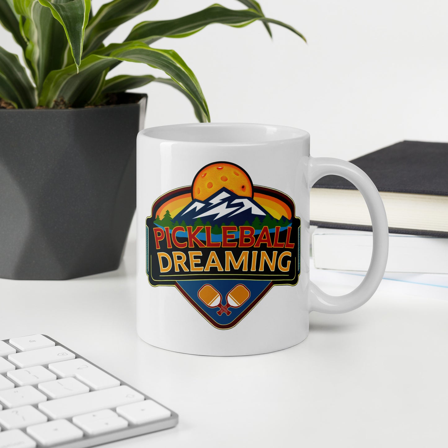 Fun Pickleball Mug, Pickleball Dreaming Mountains, White, 11 oz or 15 oz