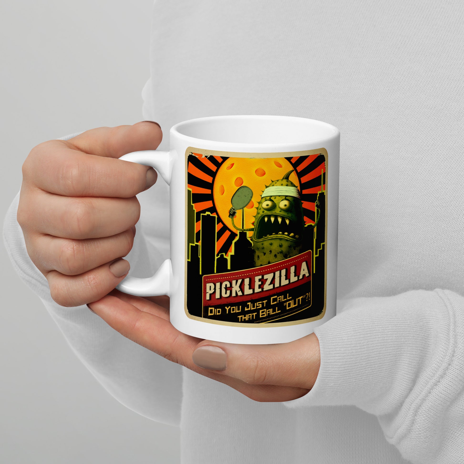 White Mug with Picklezilla Out Call graphic, 11oz