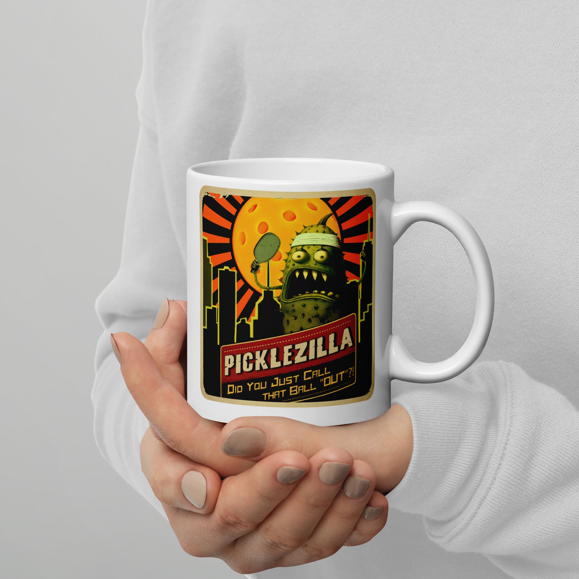 White Mug with Picklezilla Out Call graphic, 11oz