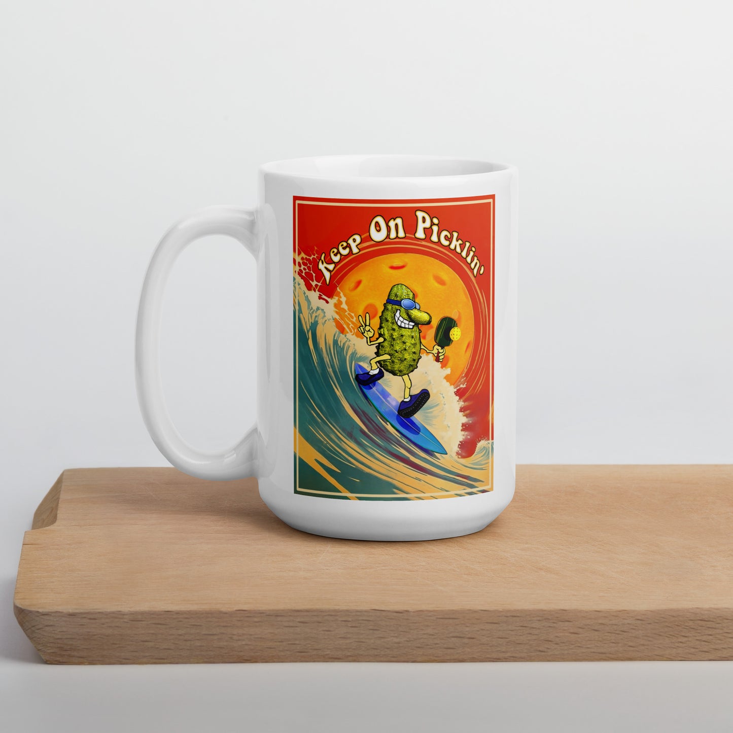 Fun Pickleball Mug, Keep On Picklin' Surfer, White, 11oz or 15oz