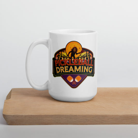 Fun Pickleball Mug, Pickleball Dreaming Sasquatch, White, 11 oz or 15 oz