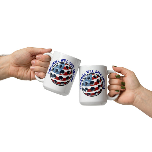 Patriotic Pickleball Mug, Pickleball Will Save America, White, 11 oz or 15 oz