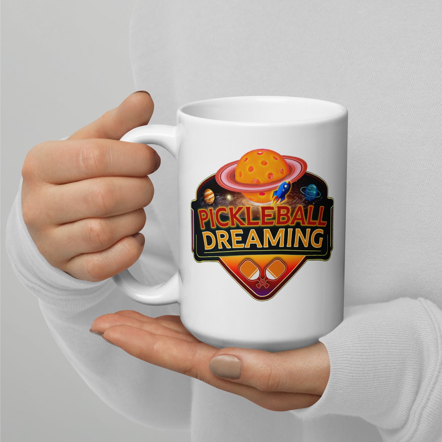 Fun Pickleball Mug, Pickleball Dreaming Outer Space, White, 11 oz or 15 oz