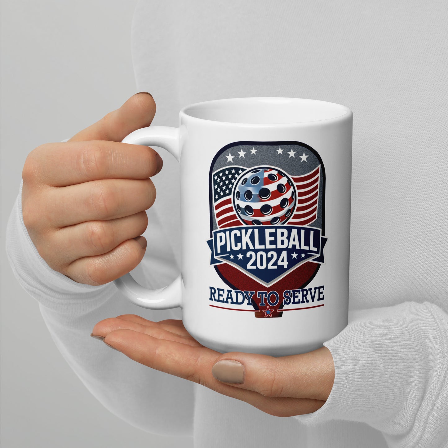 Patriotic Pickleball Mug, Pickleball 2024 Paddle Graphic, White, 11 oz or 15 oz