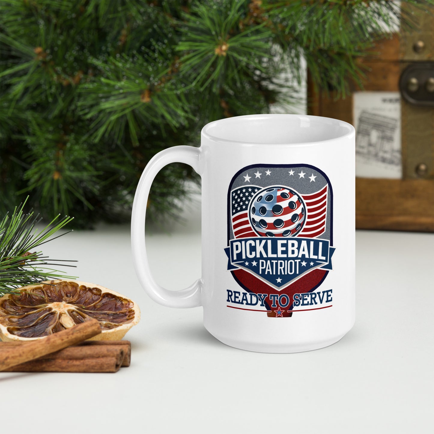 Patriotic Pickleball Mug, Pickleball Patriot Paddle Graphic, White, 11 oz or 15 oz