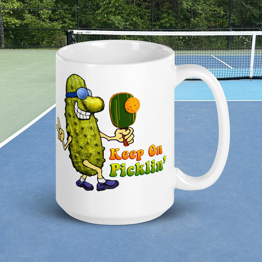 Fun Pickleball Mug, Keep On Picklin' Pickledude, White, 11oz or 15oz