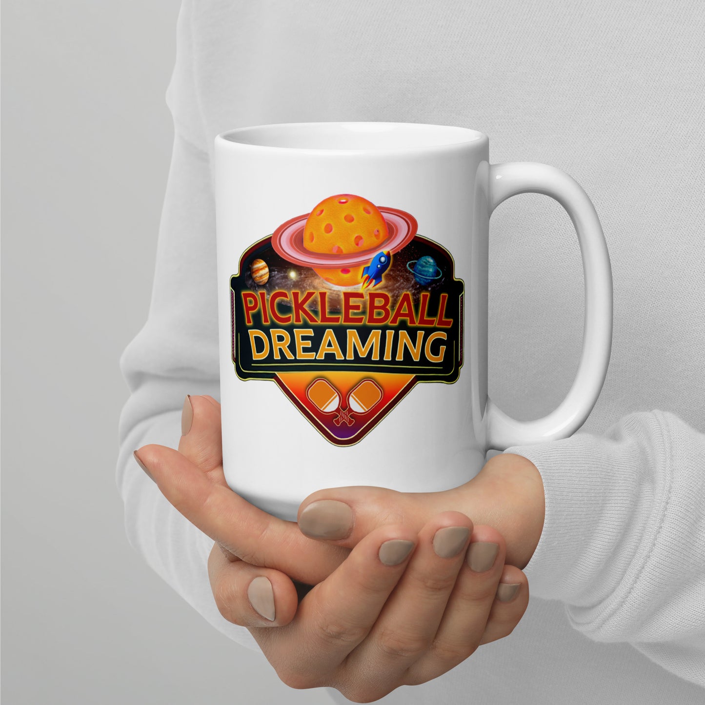 Fun Pickleball Mug, Pickleball Dreaming Outer Space, White, 11 oz or 15 oz