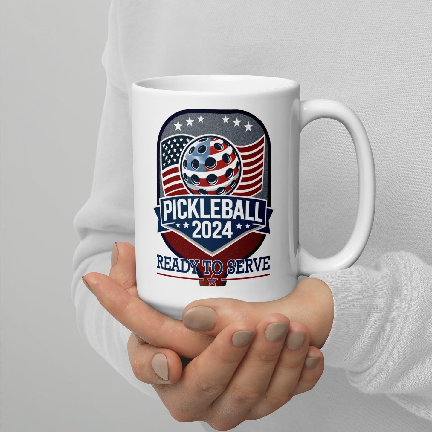 Patriotic Pickleball Mug, Pickleball 2024 Paddle Graphic, White, 11 oz or 15 oz