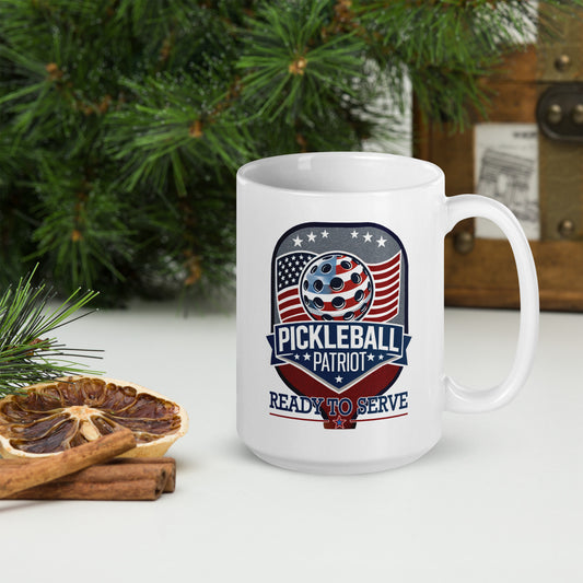 Patriotic Pickleball Mug, Pickleball Patriot Paddle Graphic, White, 11 oz or 15 oz