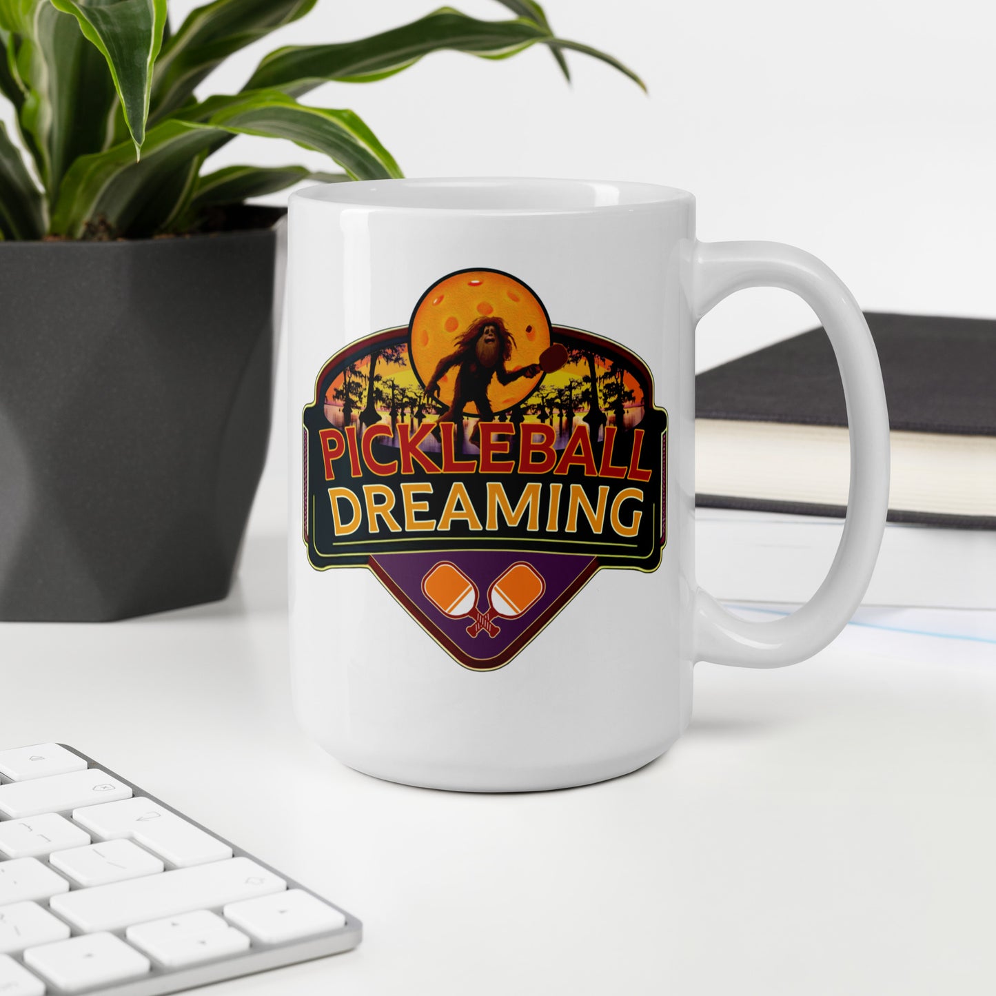 Fun Pickleball Mug, Pickleball Dreaming Sasquatch, White, 11 oz or 15 oz