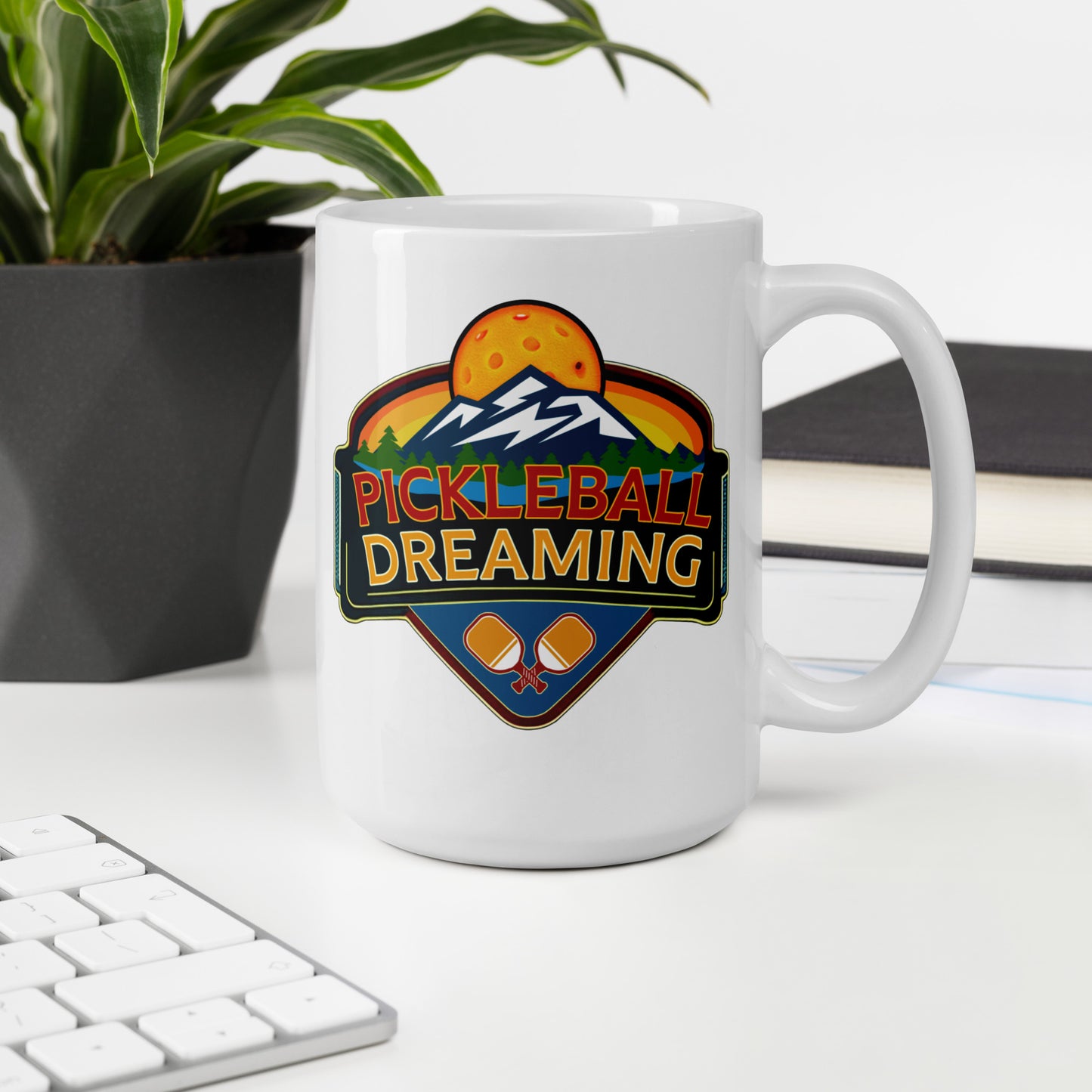 Fun Pickleball Mug, Pickleball Dreaming Mountains, White, 11 oz or 15 oz