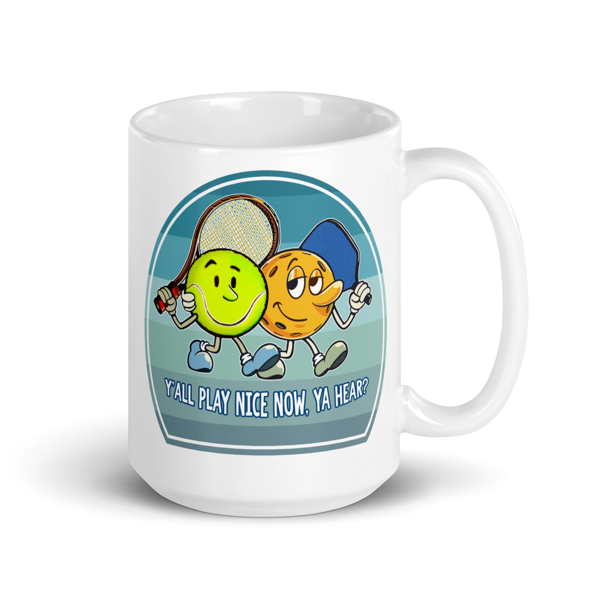 White Pickleball and Tennis Mug, Play Nice, 15 oz