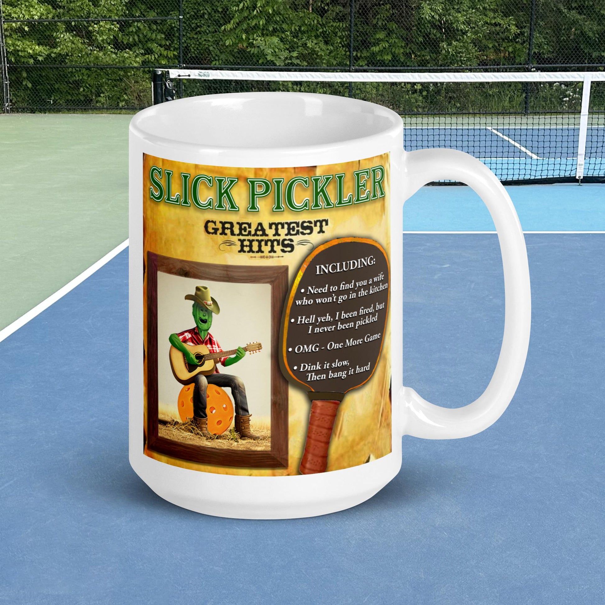 White Pickleball Mug, Slick Pickler Album Cover, 15oz