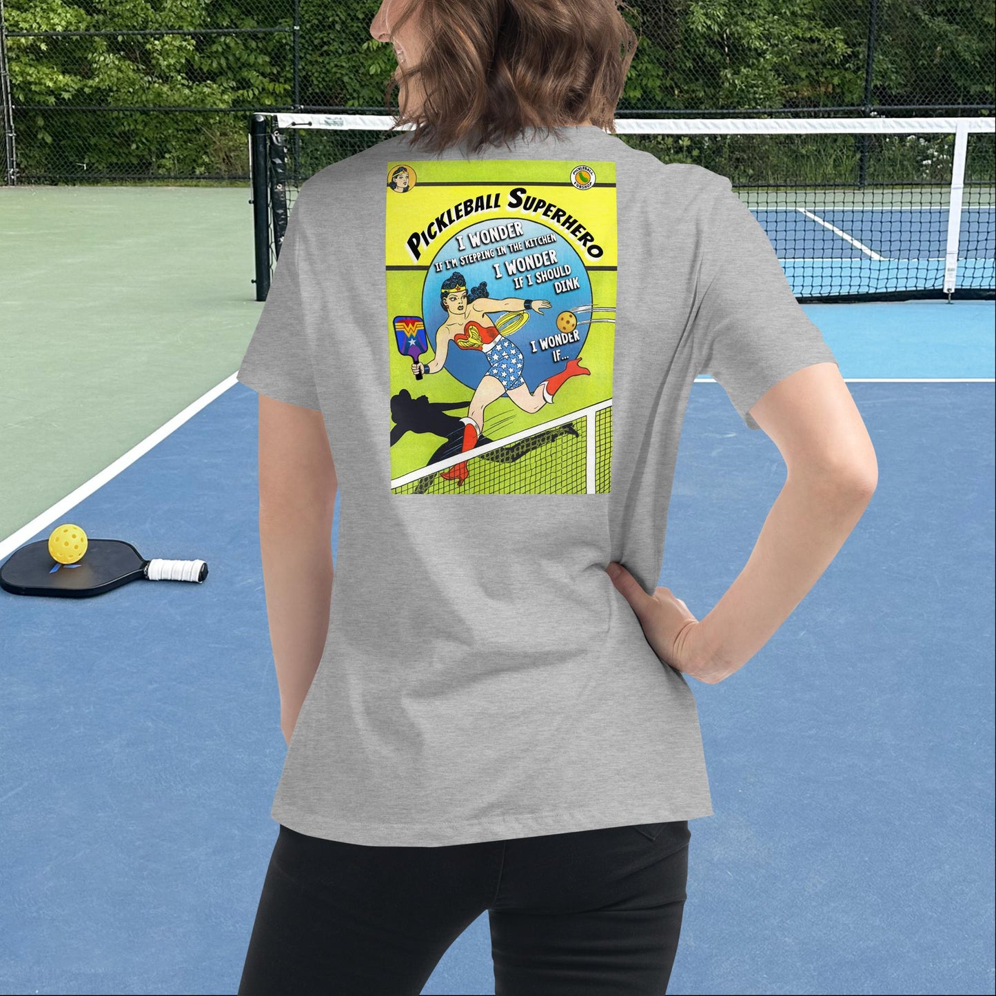 Heather Grey Pickleball Superhero Wonder Woman T-shirt, Graphic on Back, Women's Relaxed Tee