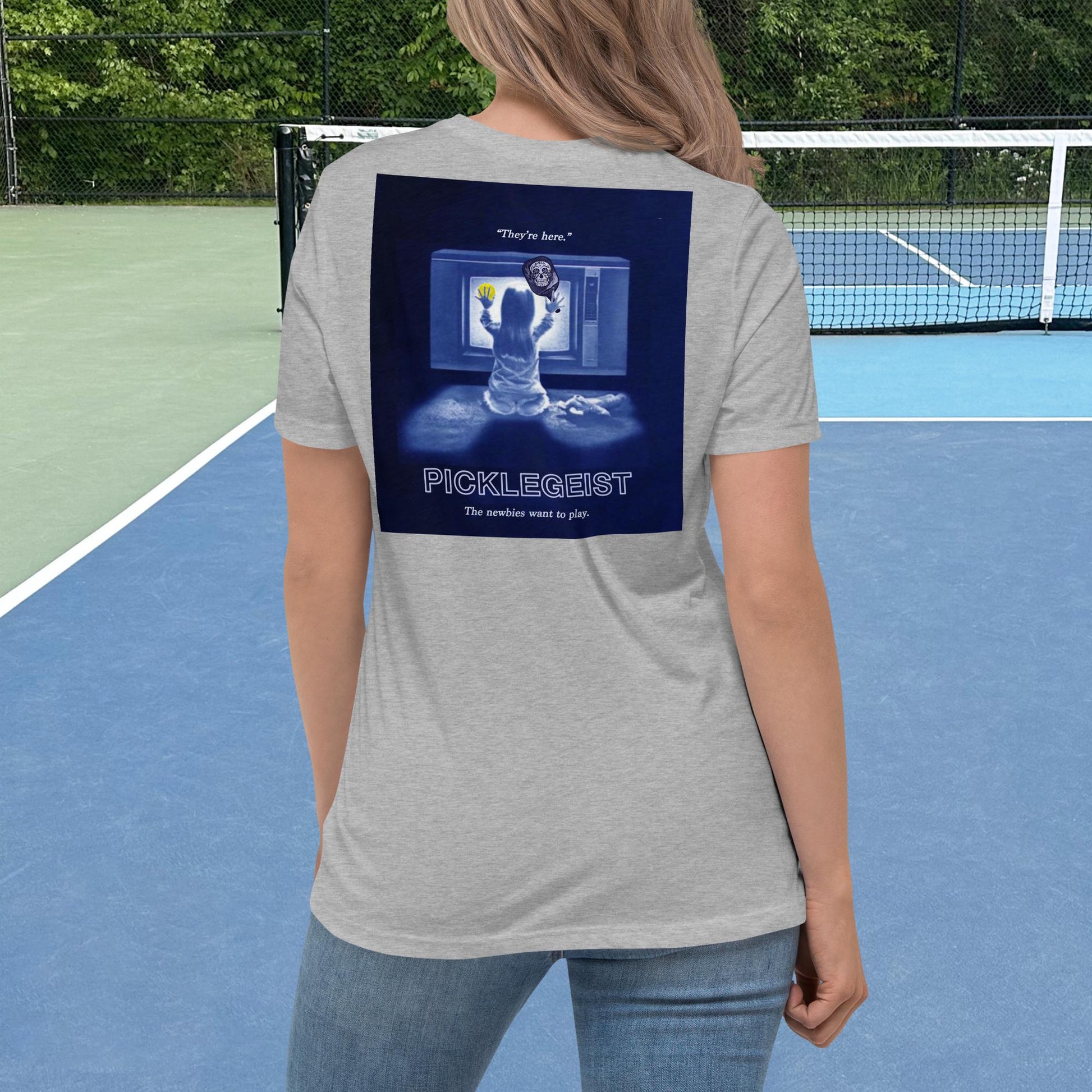 Heather Grey Short-sleeve Women's Pickleball Shirt with Picklegeist graphic on Back