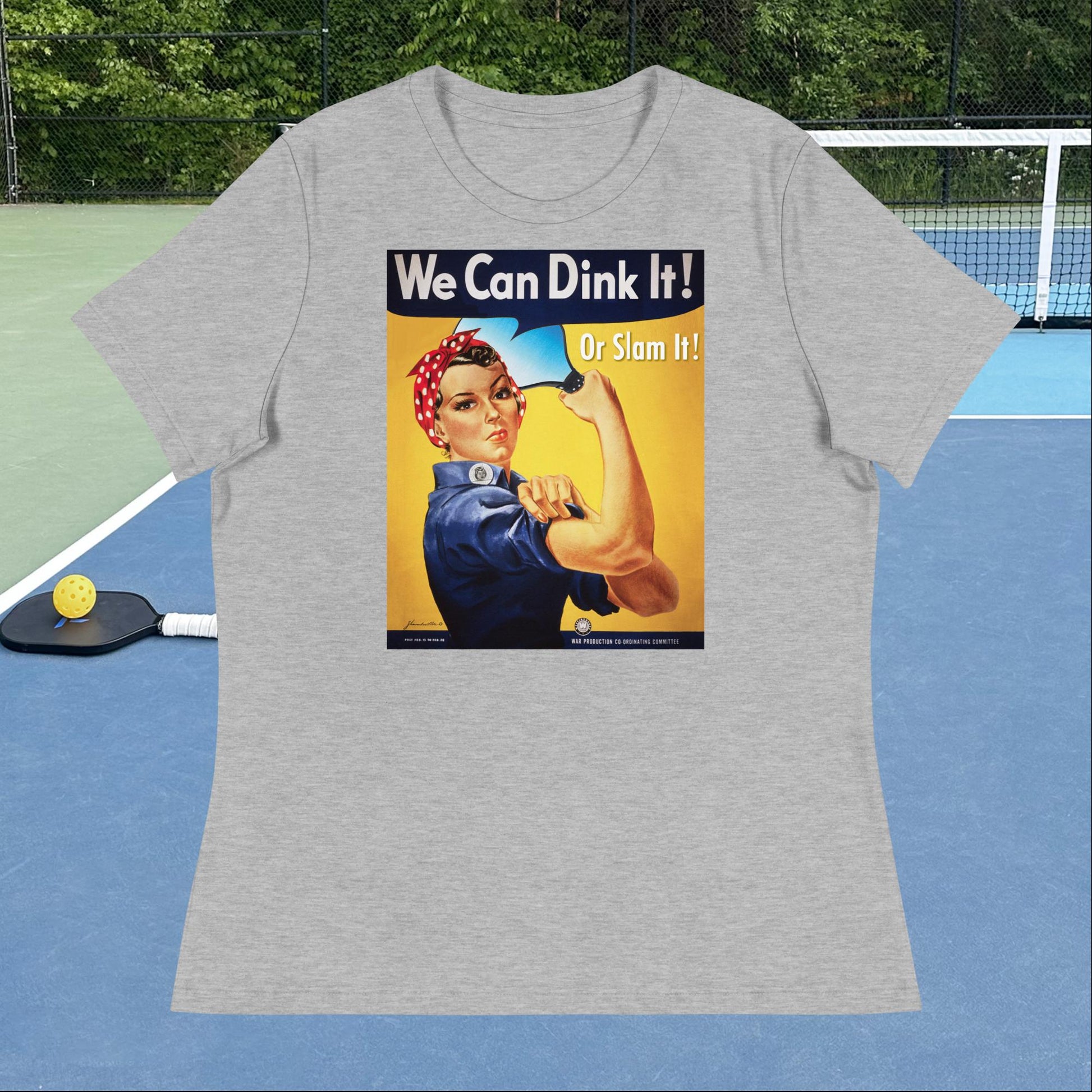 Heather Grey Rosie the Riveter Pickleball T-shirt, Graphic on Front, Women's Relaxed Cotton Tee